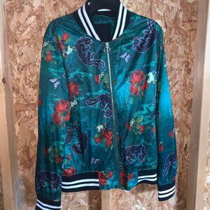 Push Peace UNLTD NY Satin Panther & Floral Bomber Jacket Zip-Up Black/White Trim